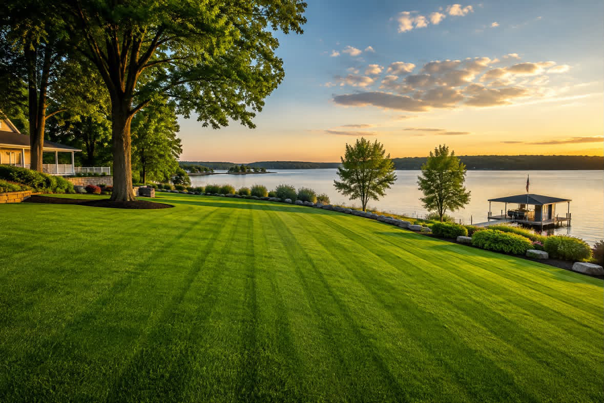 Striped lakeside lawn at sunset maintained by RRG Group