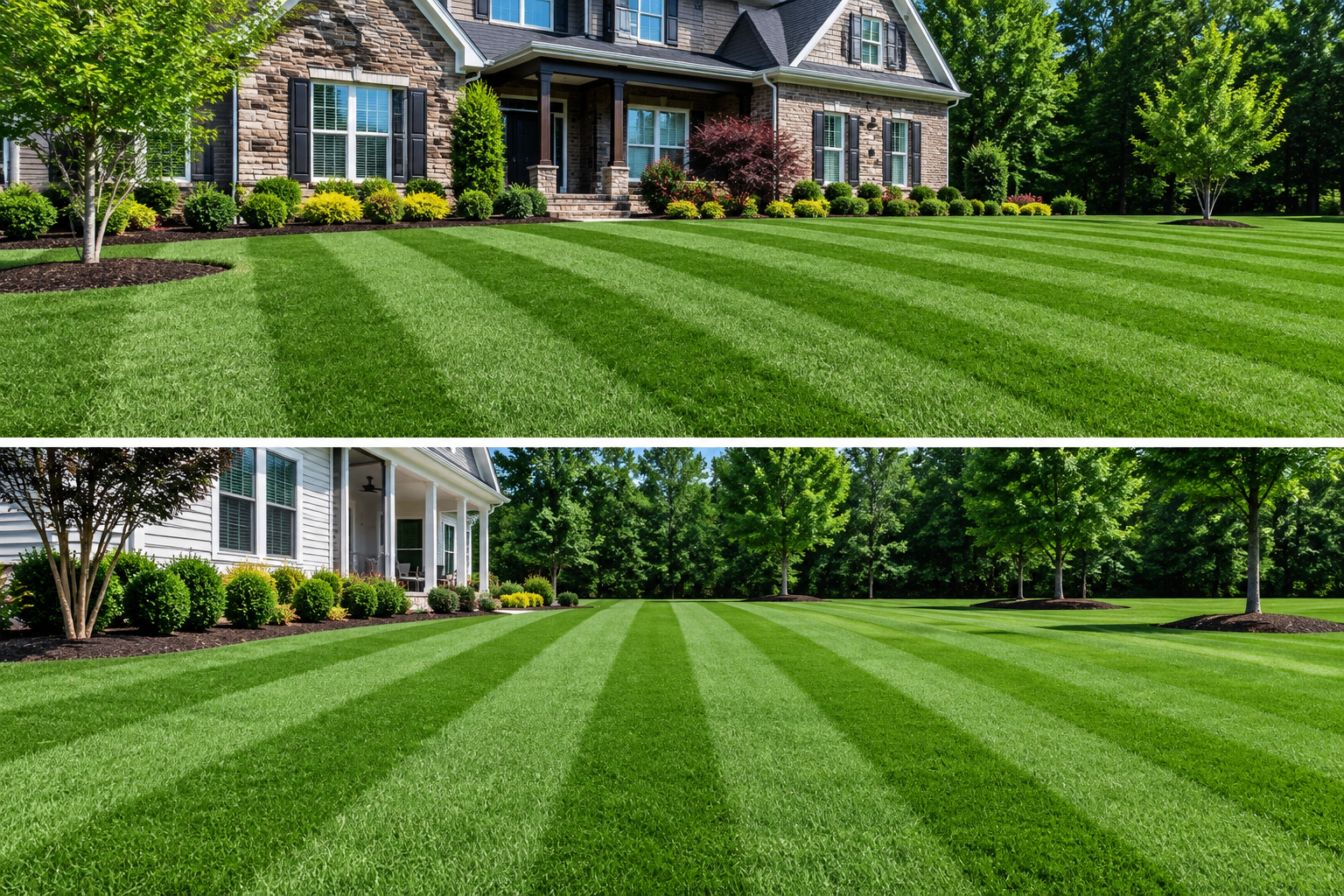 Freshly striped fenced backyard lawn
